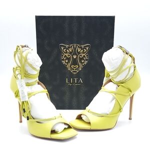 Lita by Ciara Solid Strappy Heeled Italian Leather Sandal Acid Lime Euro 41